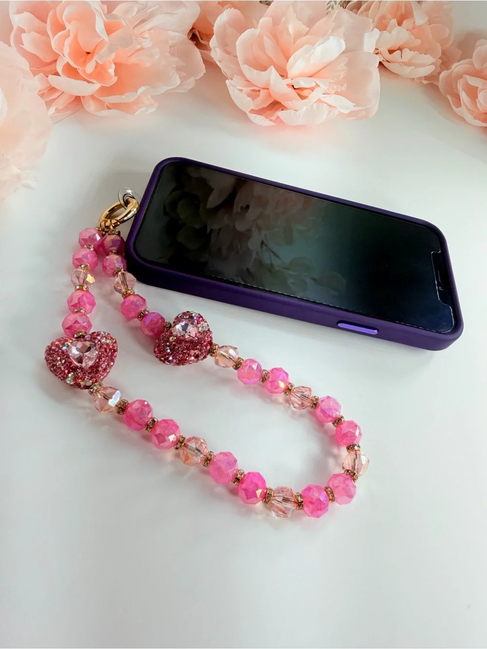 Pink Beaded with crystal Heart Phone Wristlet - Women Accessories